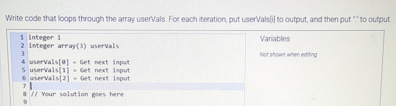 Write code that loops through the array userVals.