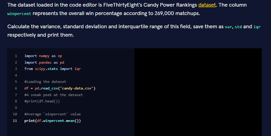 The dataset loaded in the code editor is