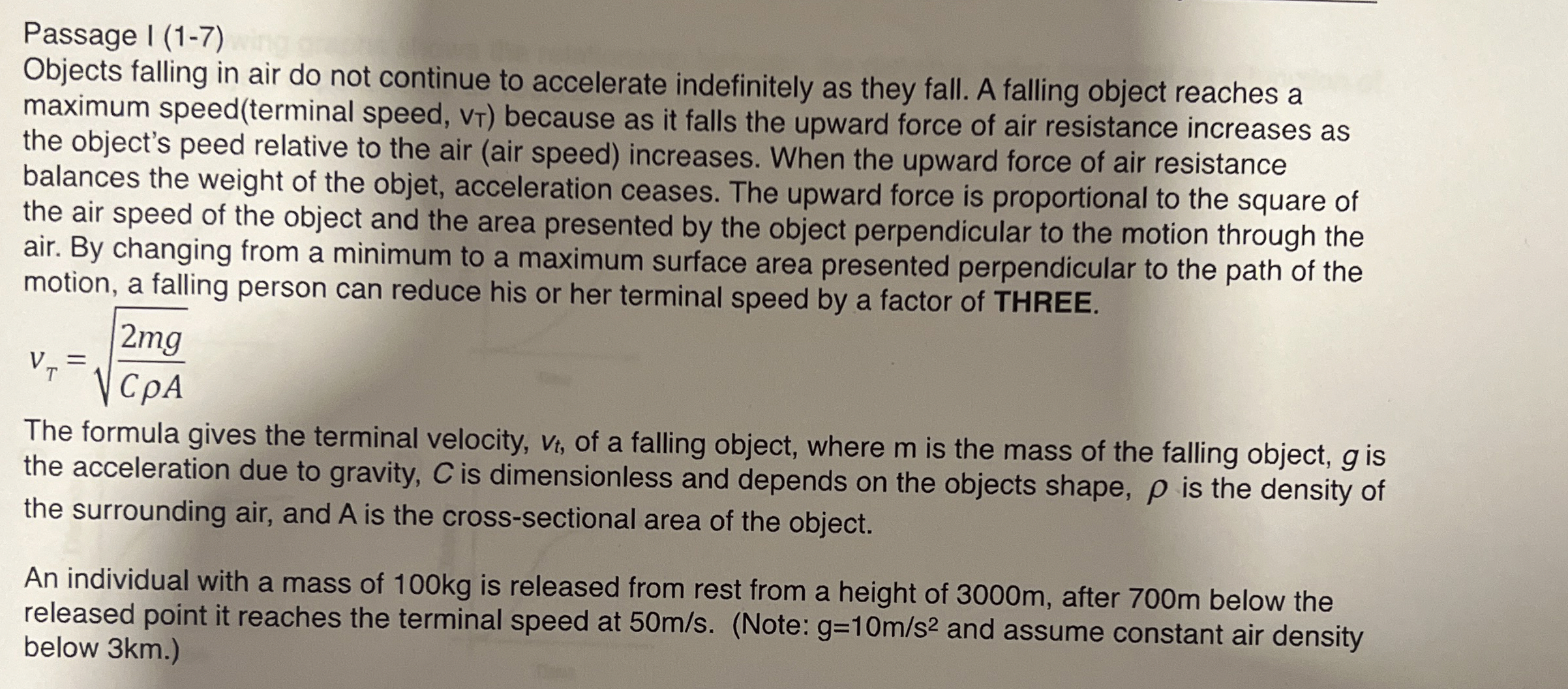 Passage I ( 1 - 7 ) Objects falling in air do not