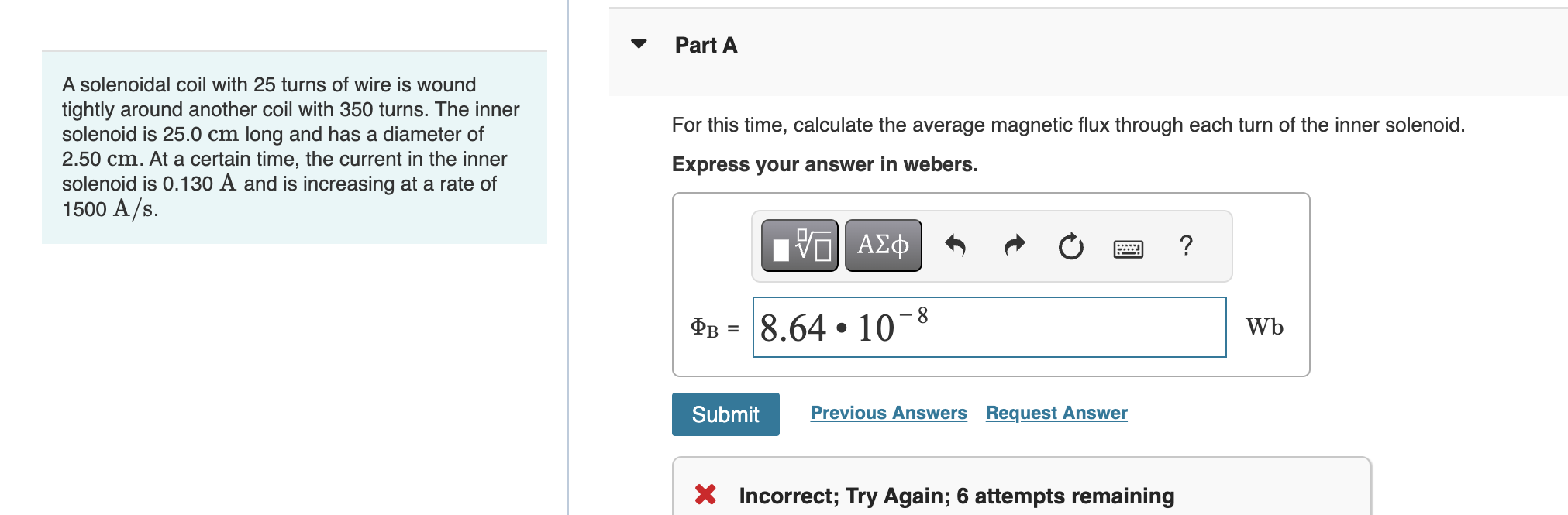 A solenoidal coil with 2 5 turns of wire is wound