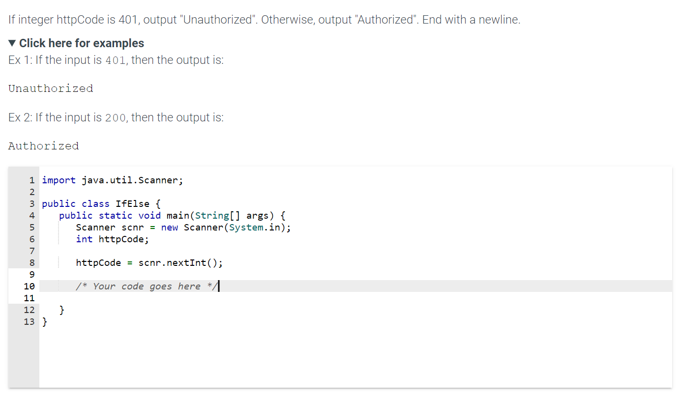 in java. If integer httpCode is 4 0 1 , output