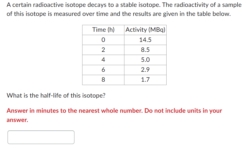 A certain radioactive isotope decays to a stable