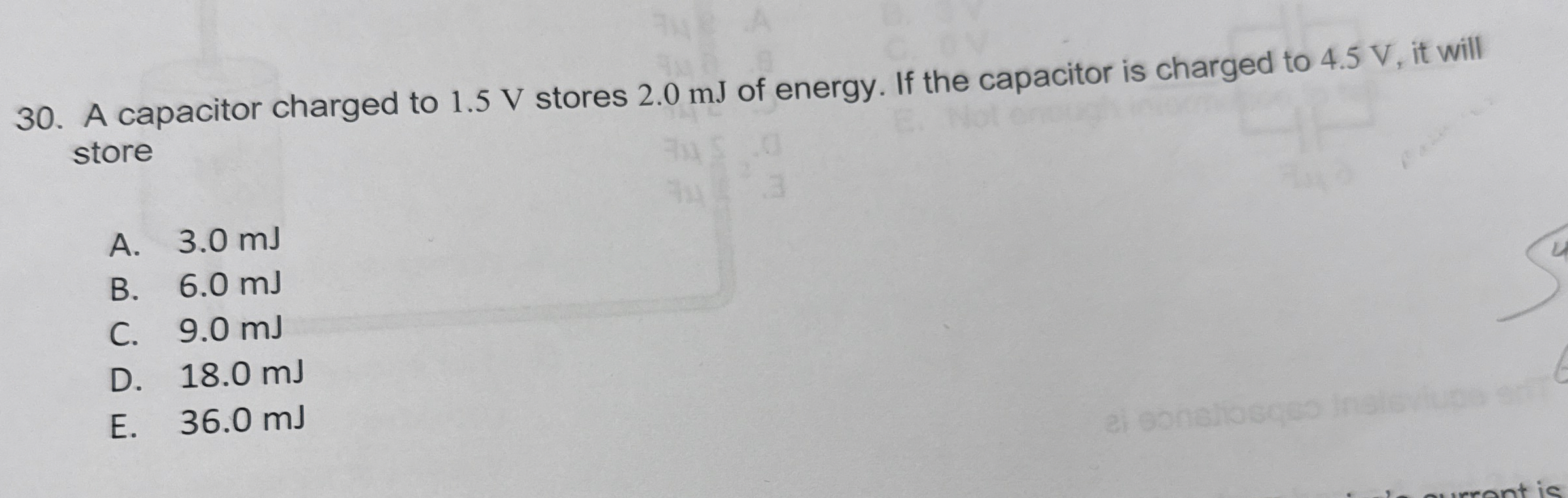 A capacitor charged to 1 . 5 V stores 2 . 0 mJ of