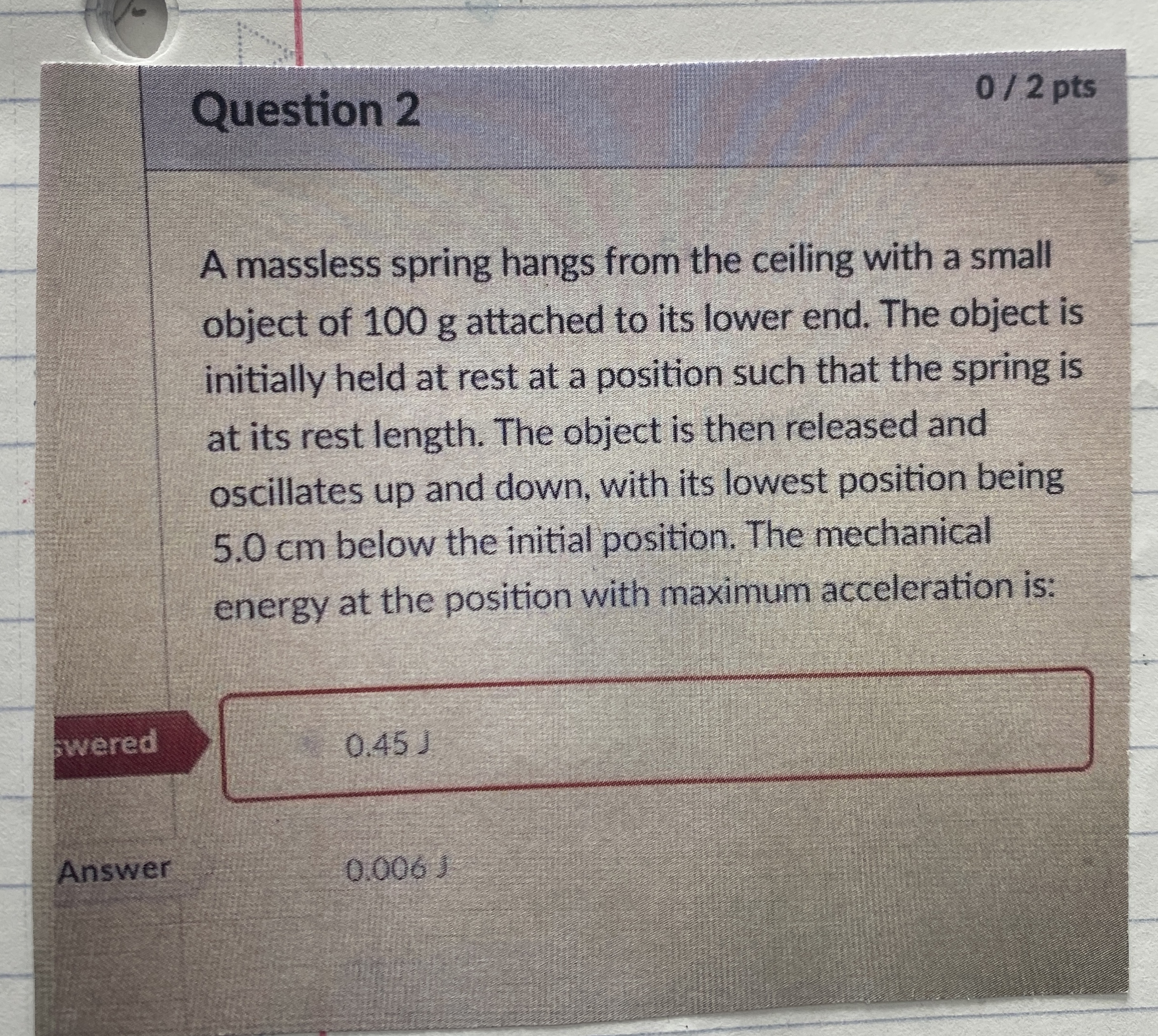 Question 2 0 2 pts A massless spring hangs from
