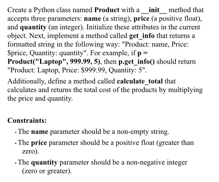 Create a Python class named Product with a _ _
