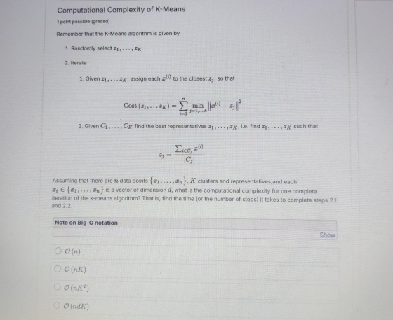Computational Complexity of K - Means 1 poits