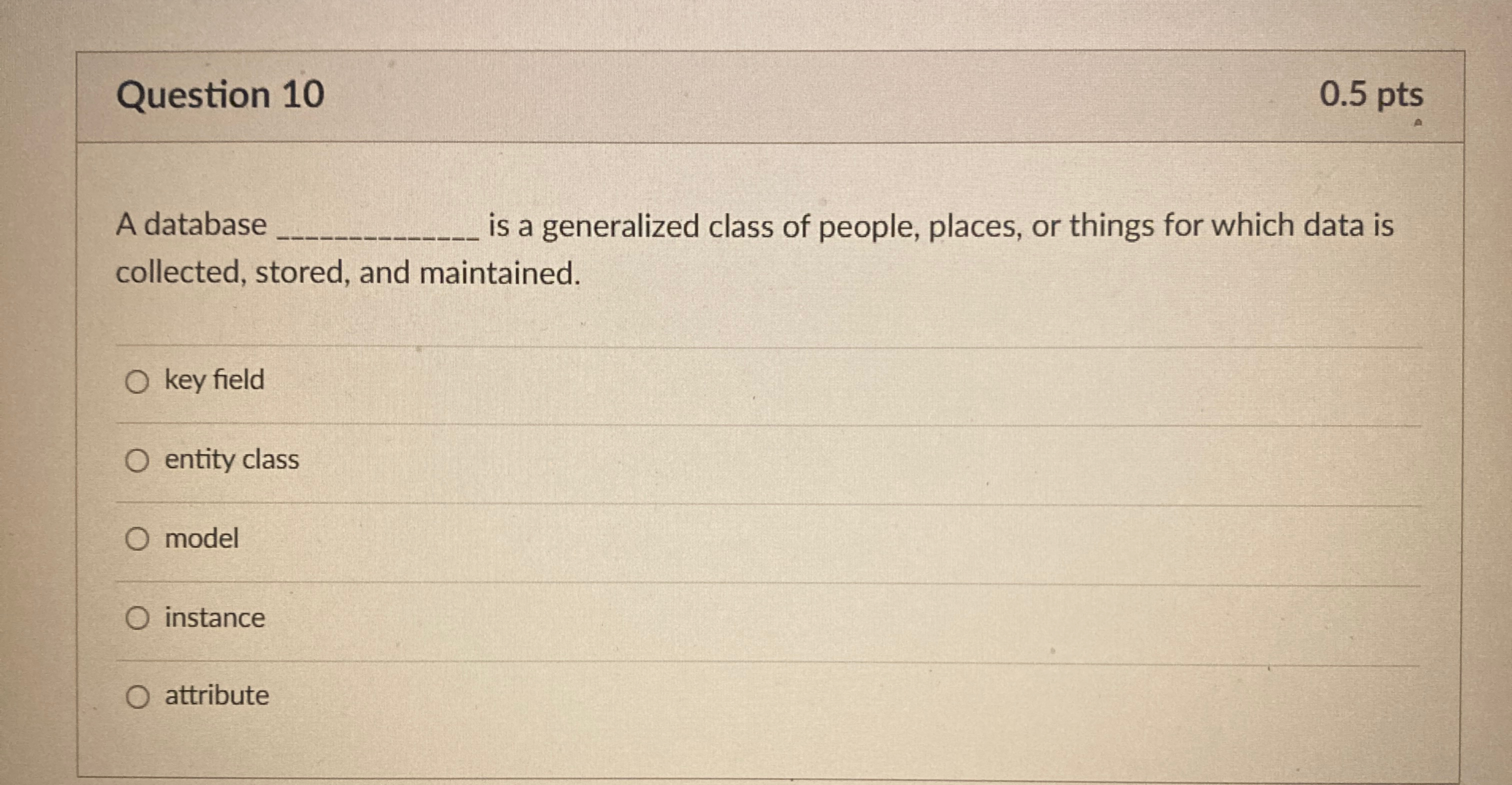 Question 1 0 0 . 5 p t s A database is a
