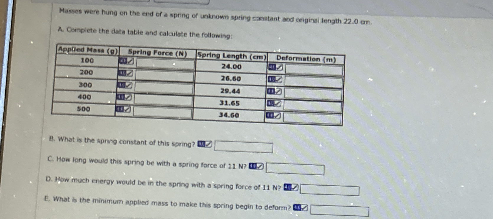 Masses were hung on the end of a spring of