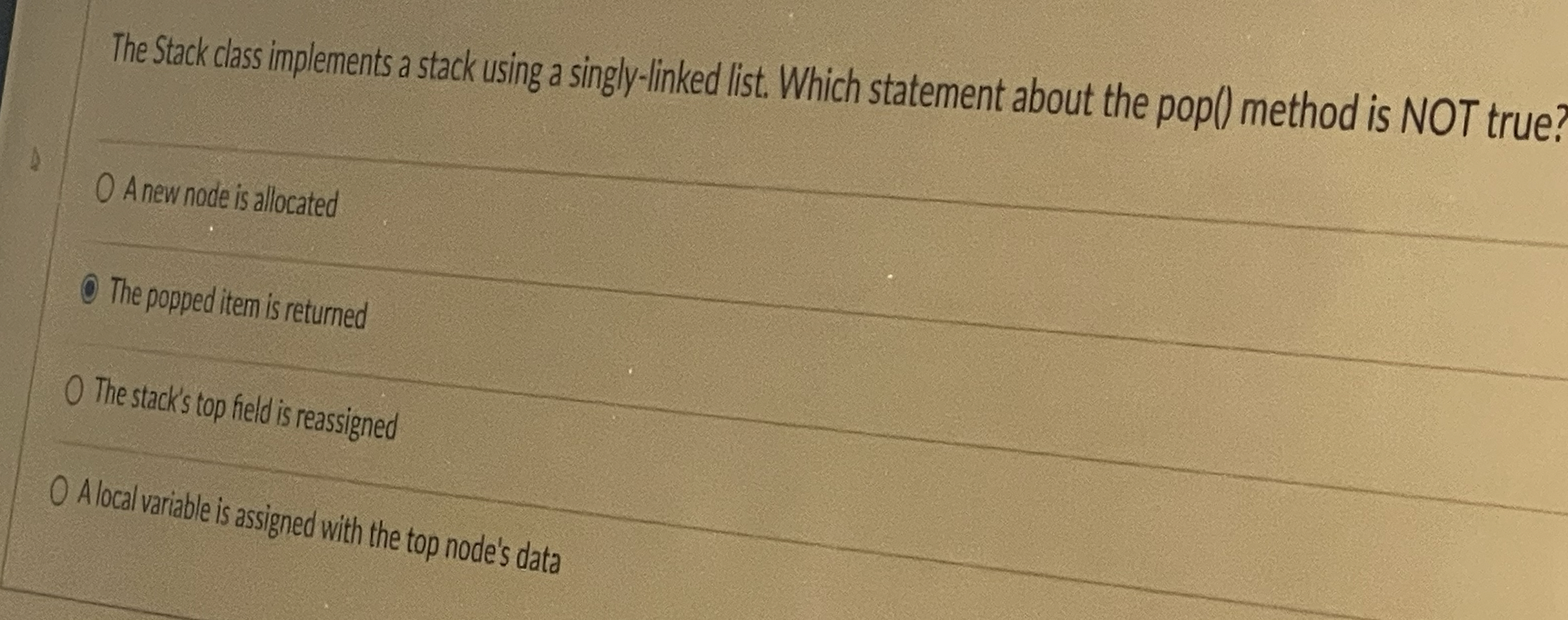 The Stack class implements a stack using a singly
