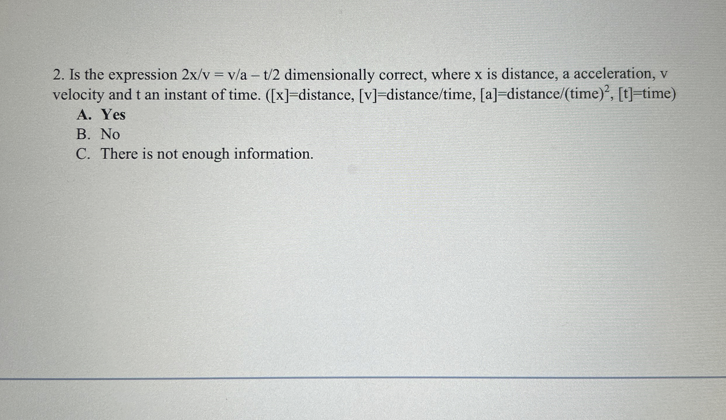 Is the expression 2 x v = v a - t 2 dimensionally