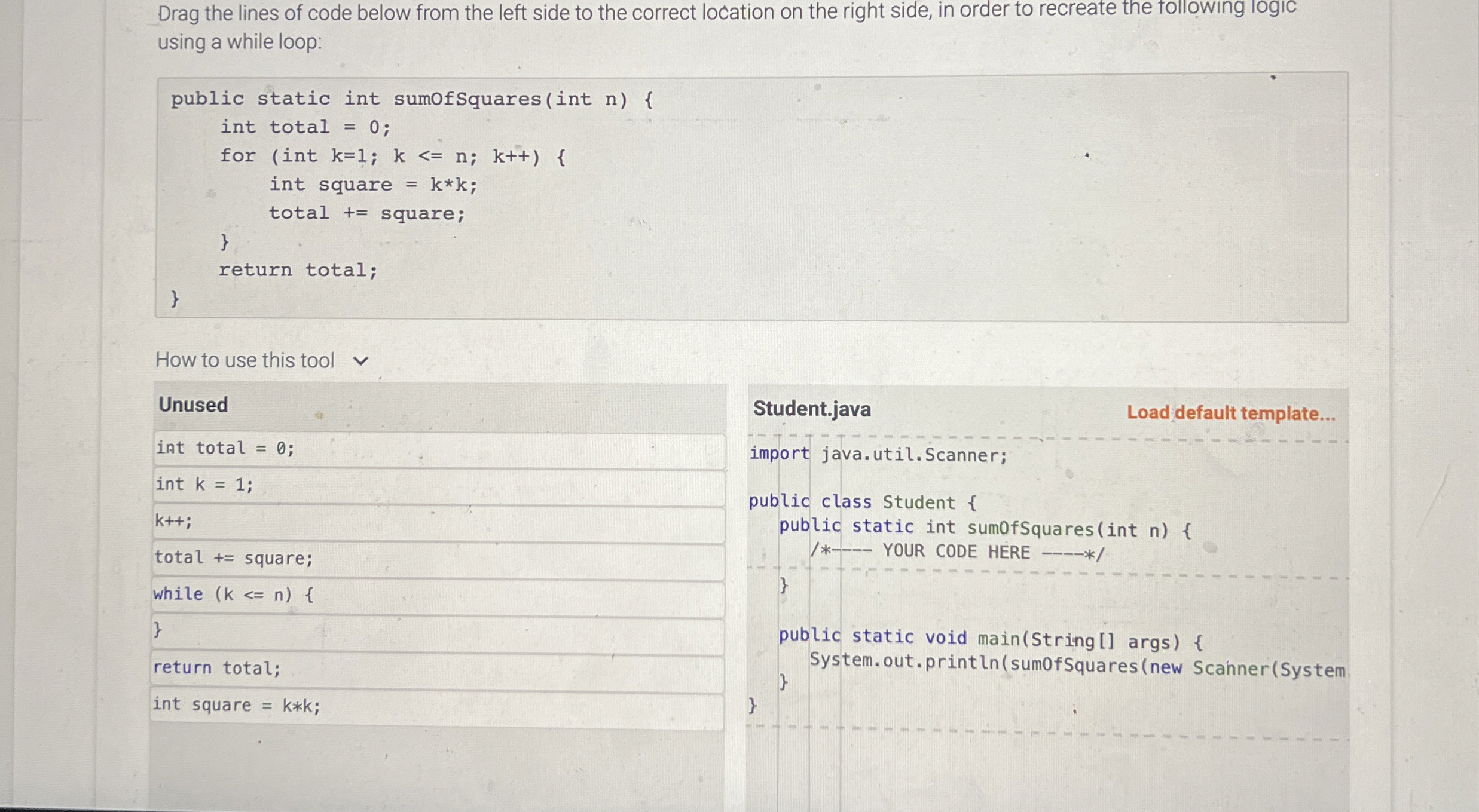Drag the lines of code below from the left side