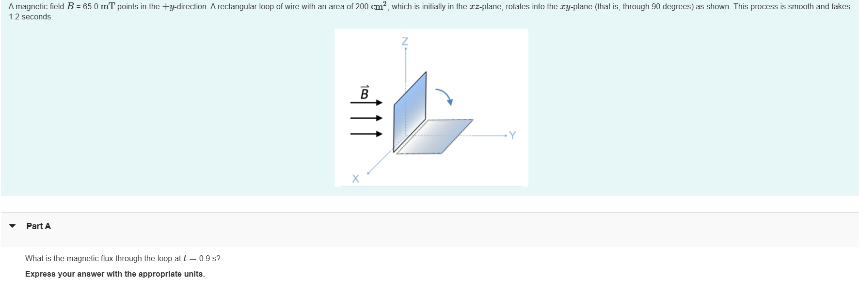 A magnetic field B = 6 5 . 0 mT points in the + y
