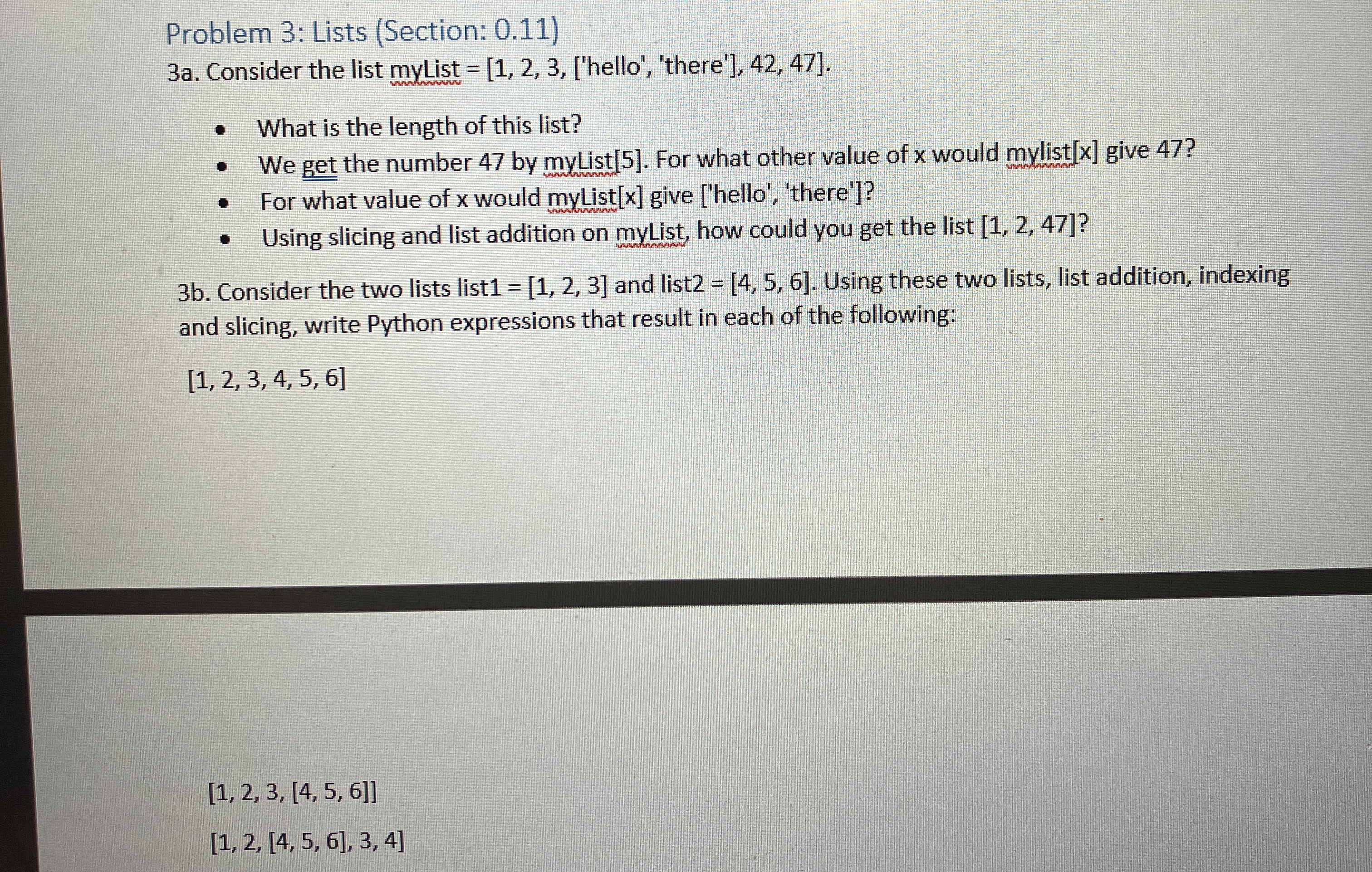 Problem 3 : Lists ( Section: 0 . 1 1 ) 3 a .