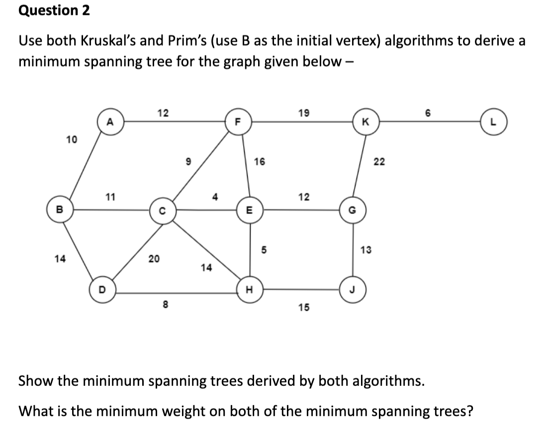 Question 2 Use both Kruskal's and Prim's ( use B