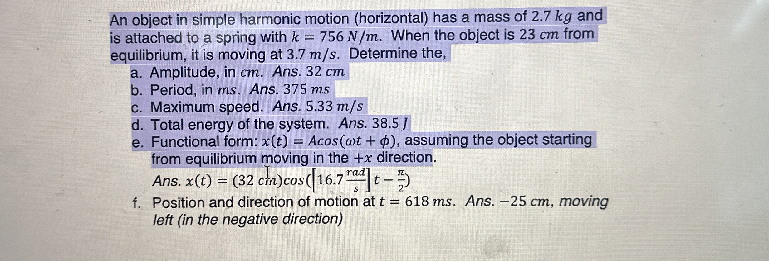 An object in simple harmonic motion ( horizontal