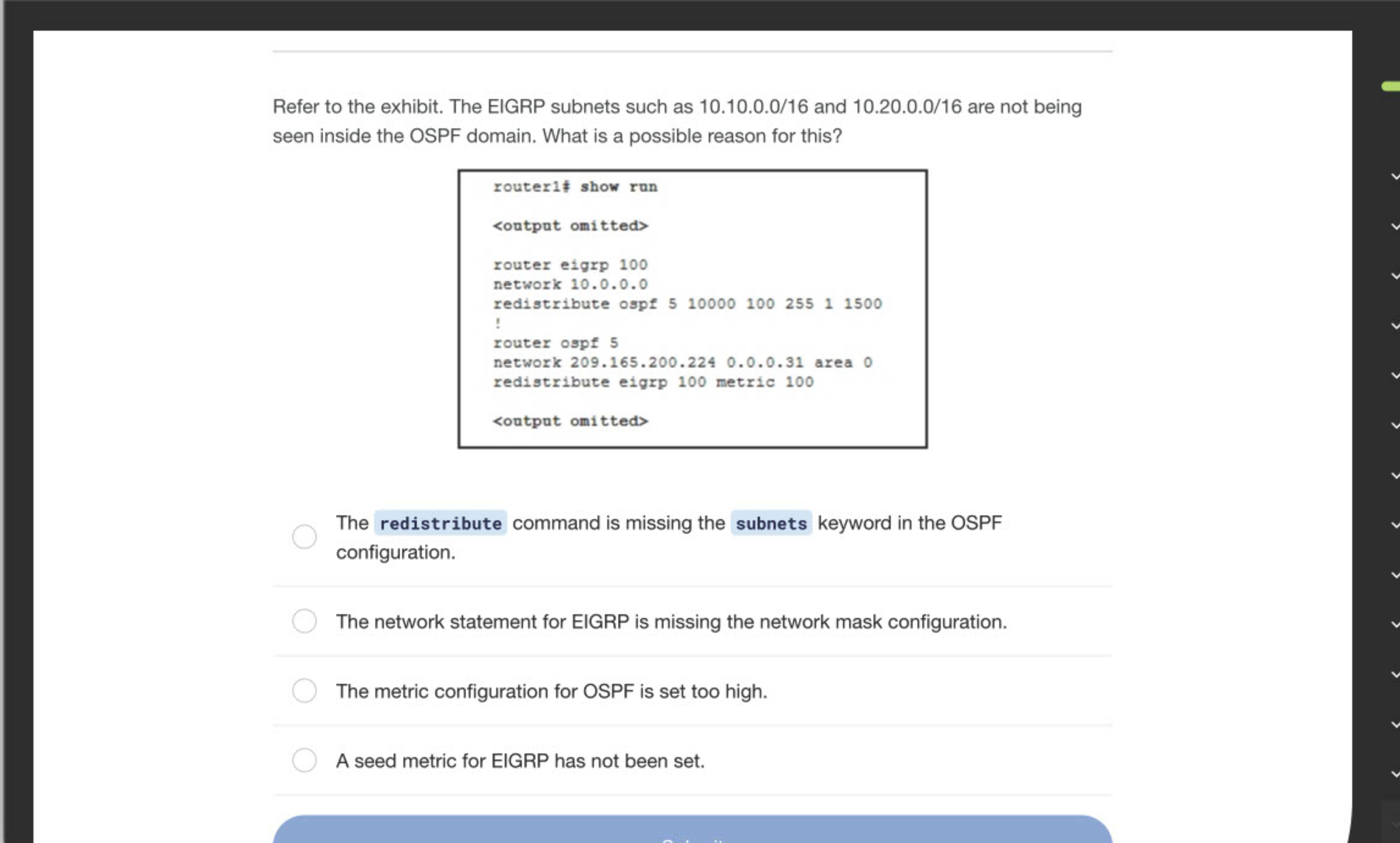 Refer to the exhibit. The EIGRP subnets such as 1