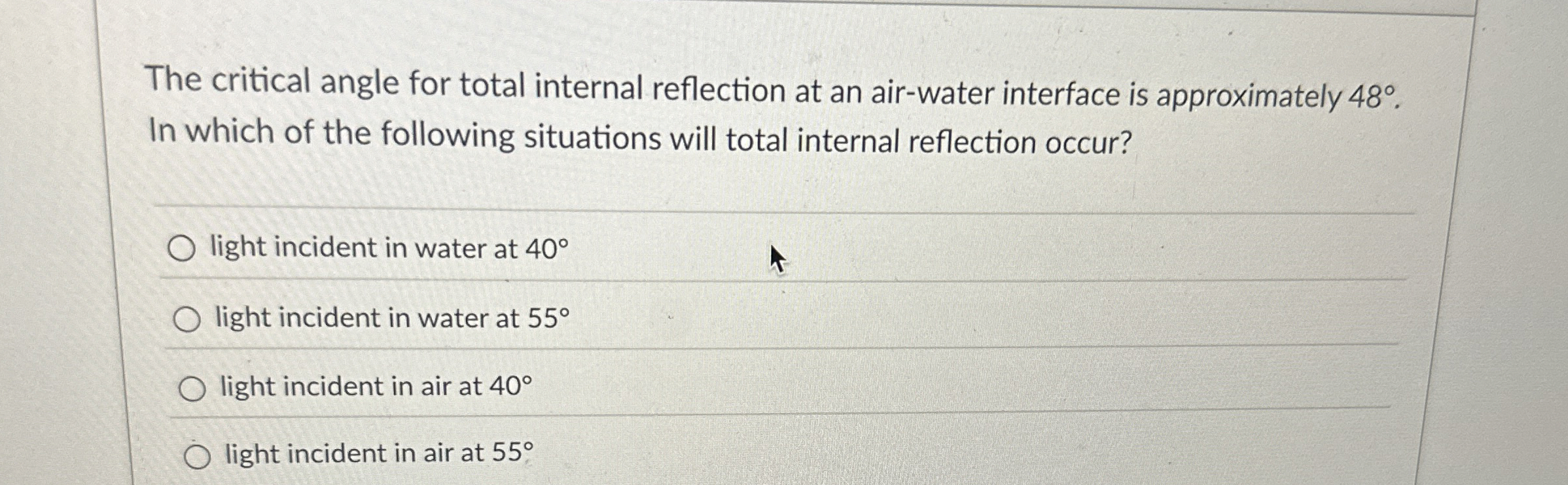The critical angle for total internal reflection