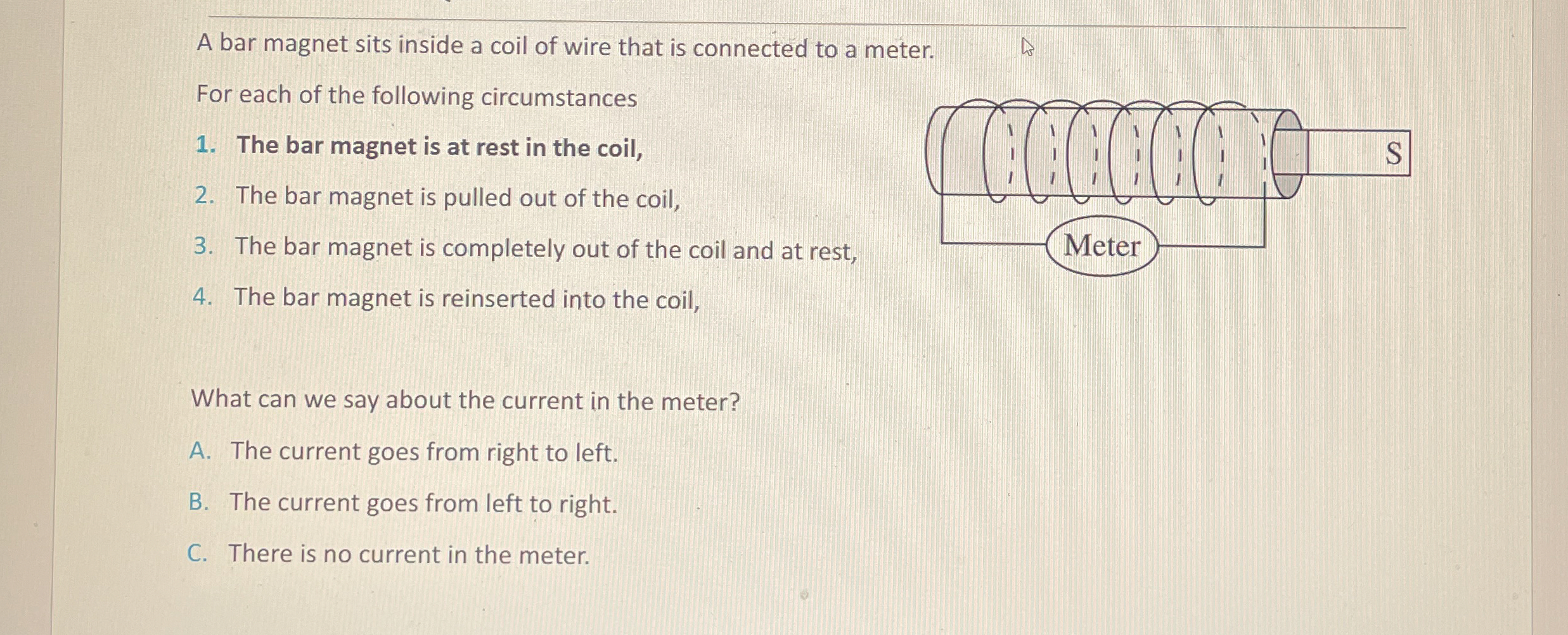 A bar magnet sits inside a coil of wire that is