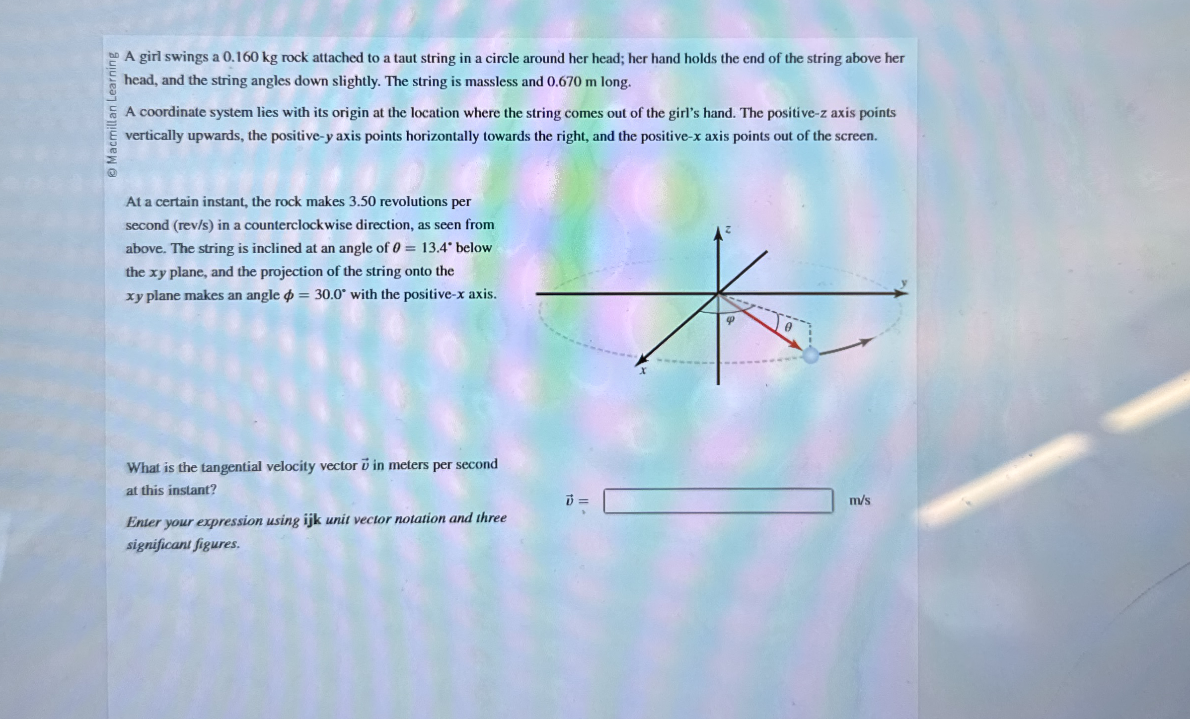 A girl swings a 0 . 1 6 0 kg rock attached to a
