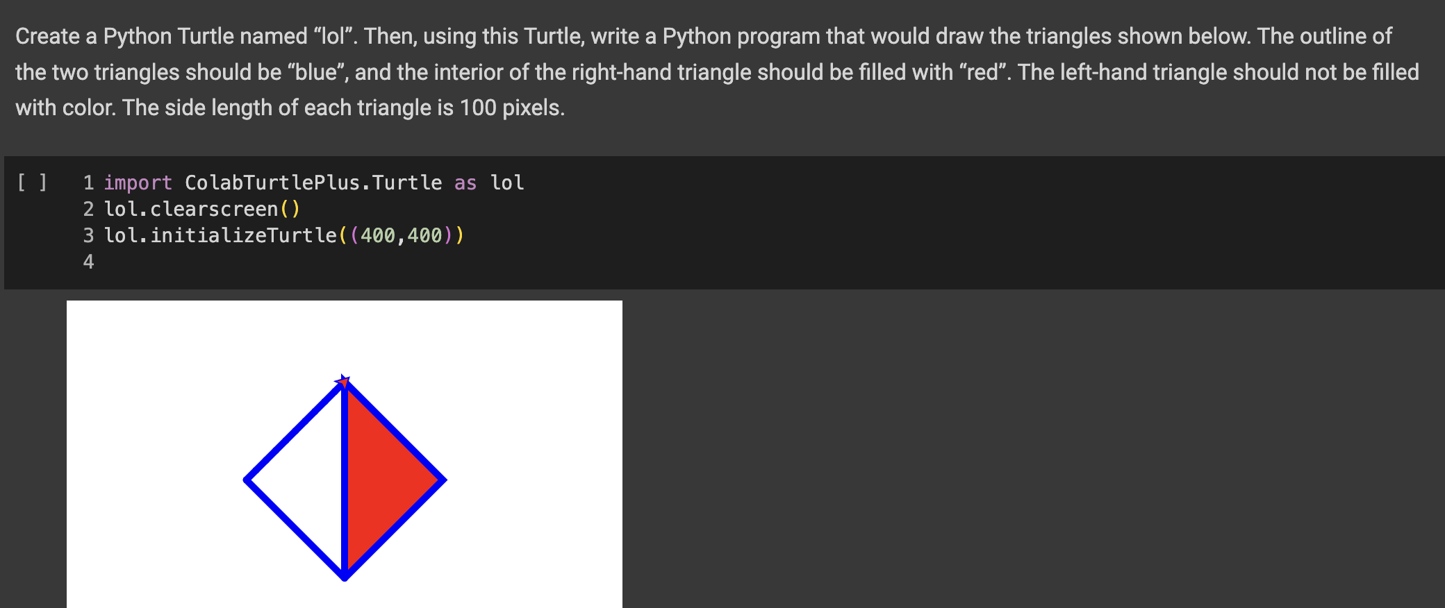Create a Python Turtle named "lol". Then, using