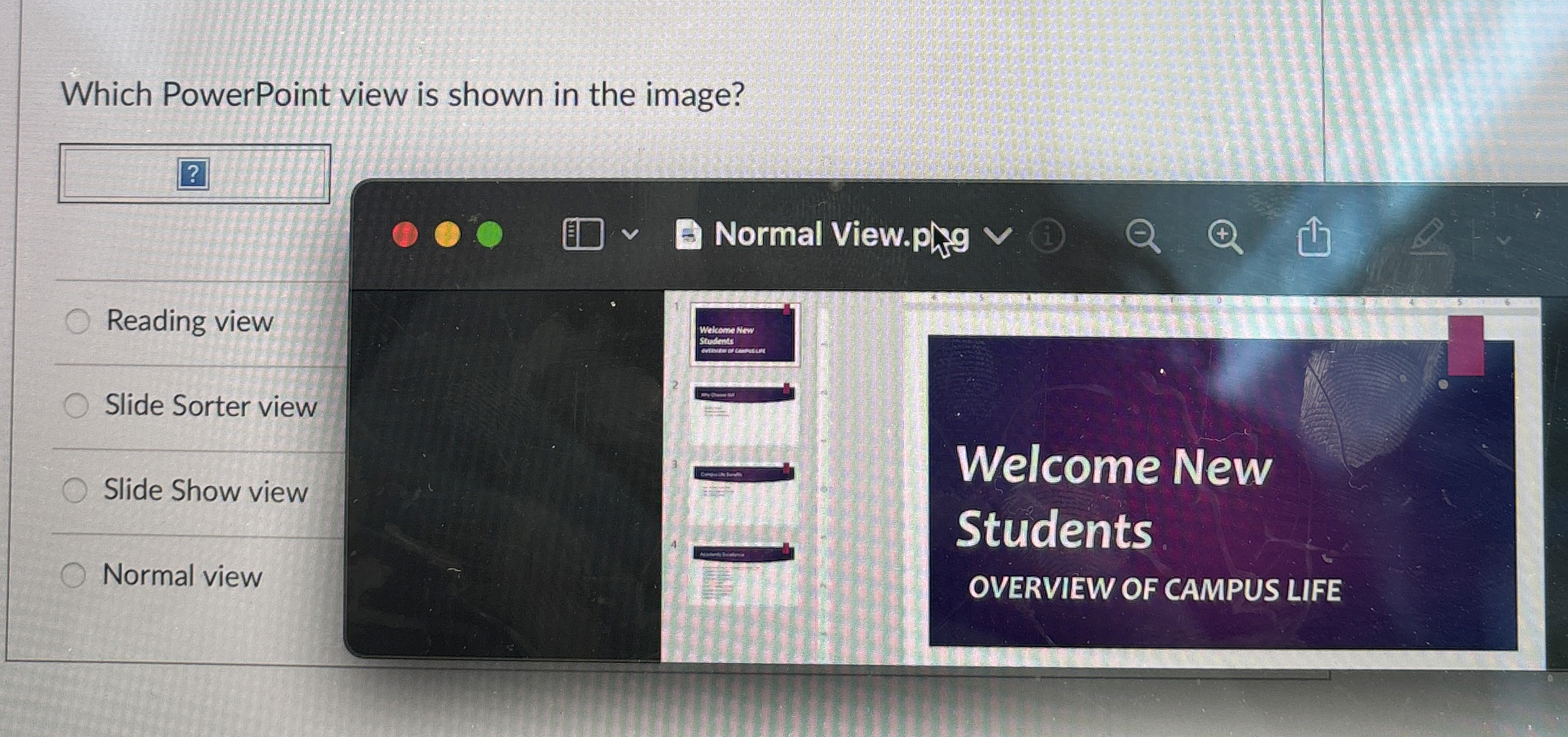  Which PowerPoint view is shown in the image? Reading view Slide