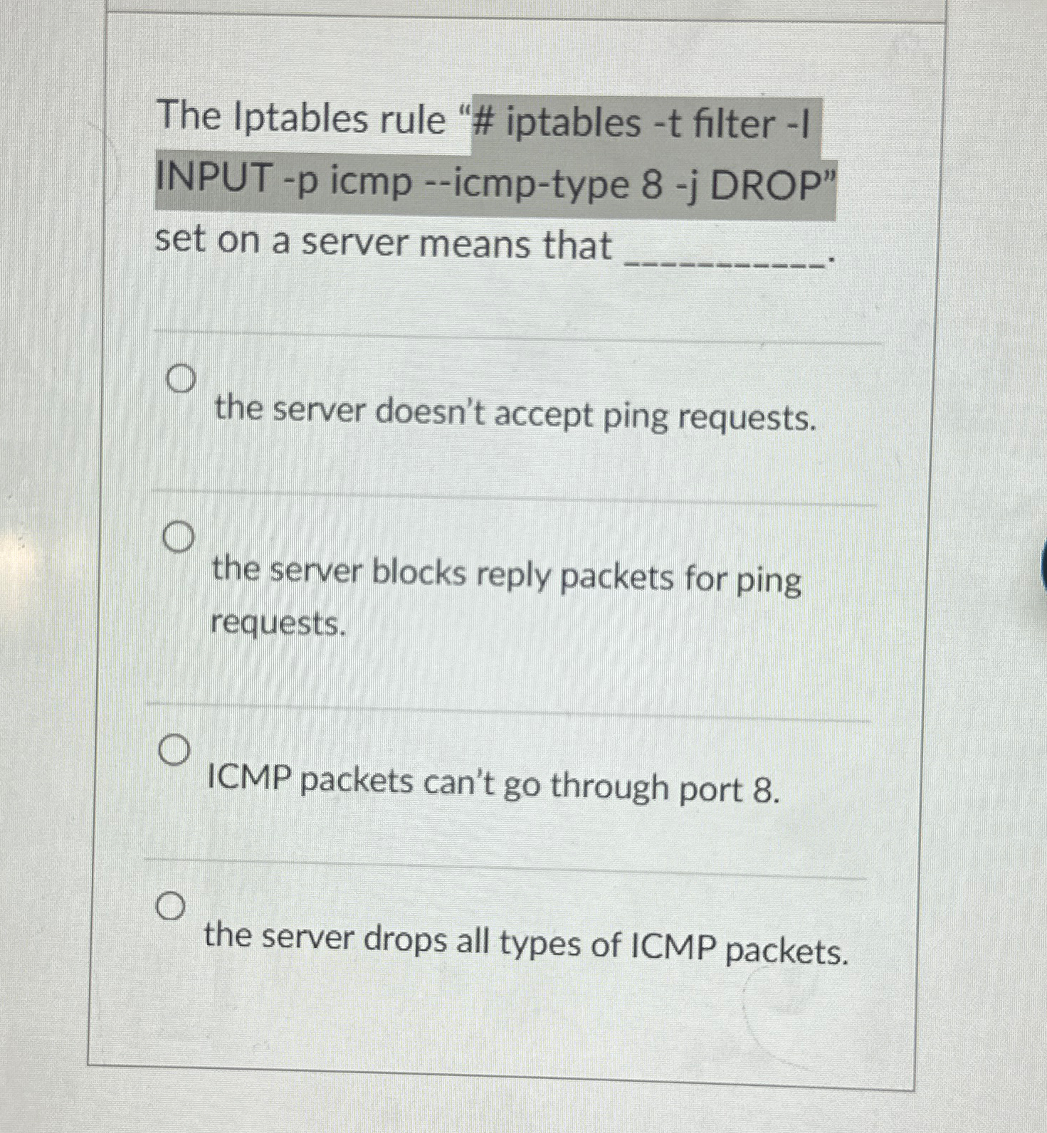The Iptables rule " # iptables - t filter - I