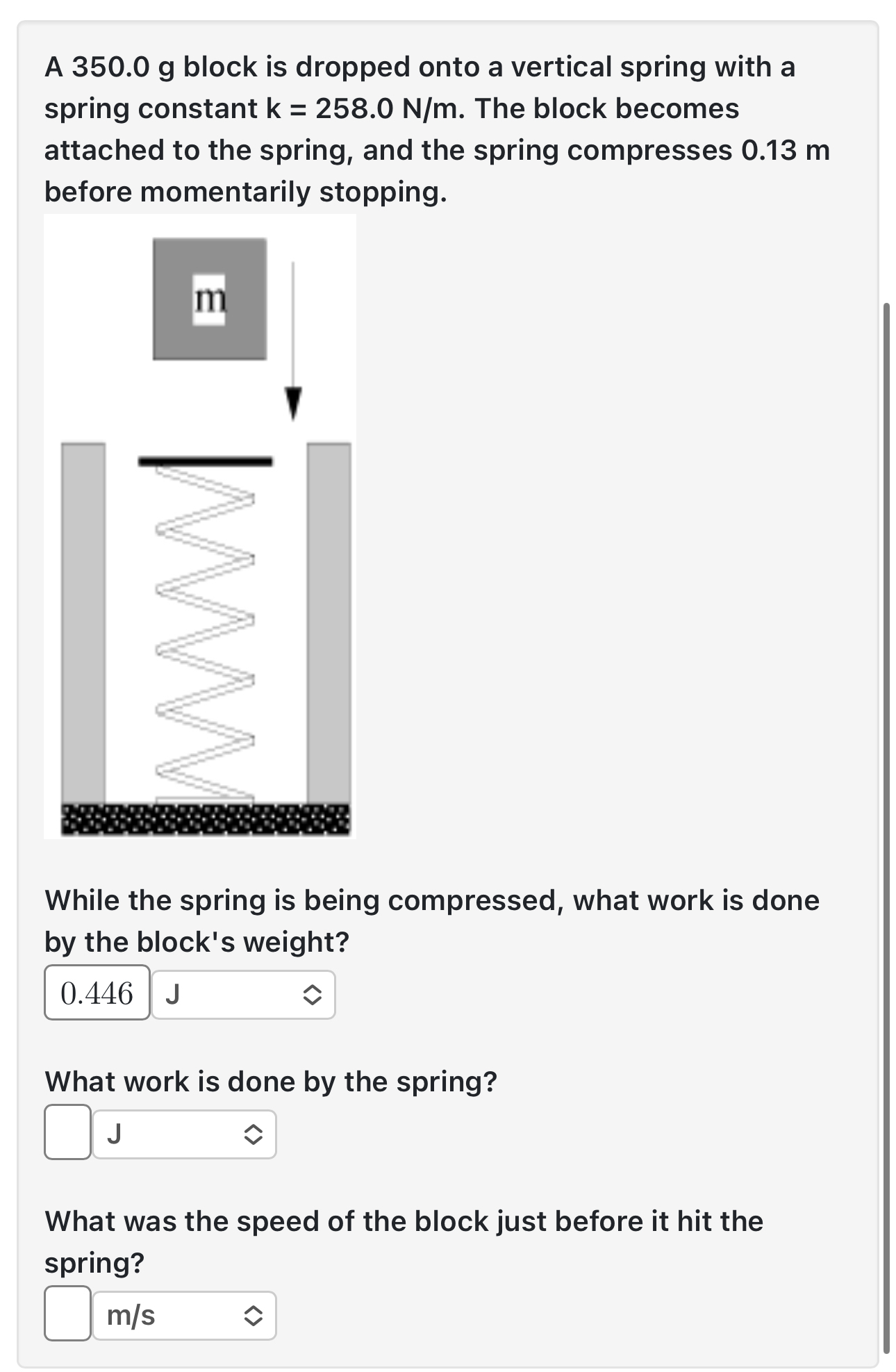 A 3 5 0 . 0 g block is dropped onto a vertical