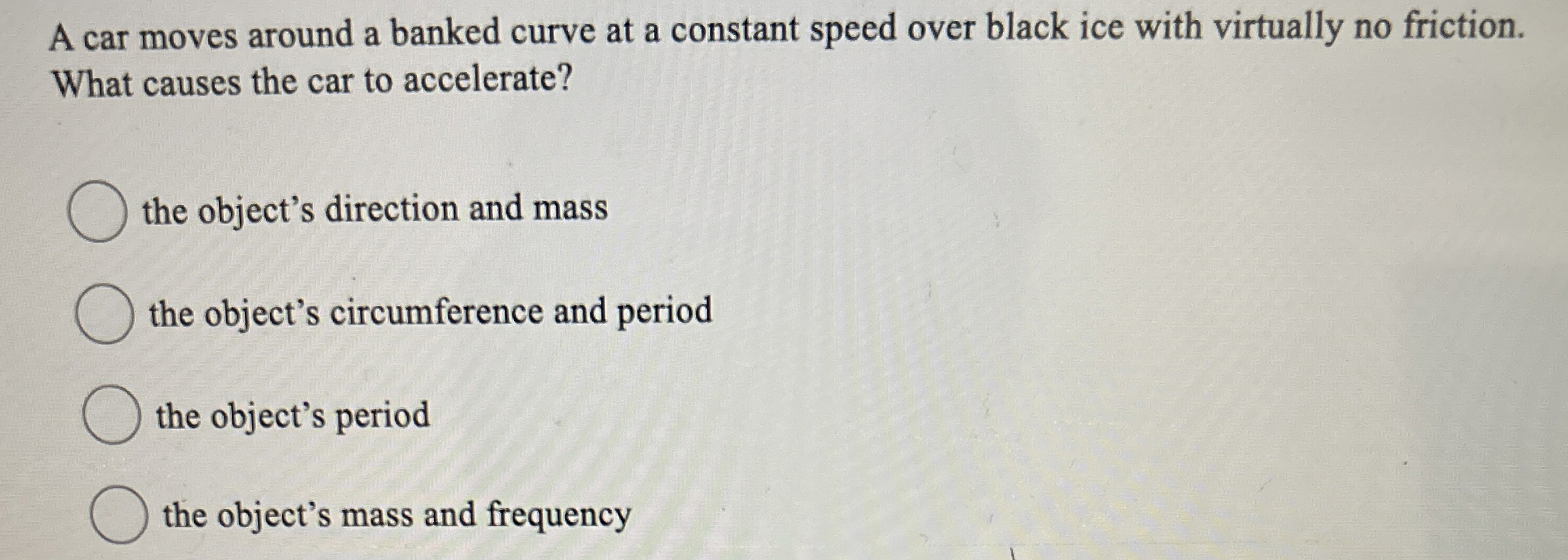 A car moves around a banked curve at a constant