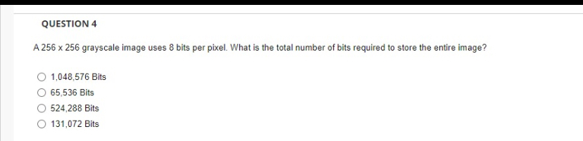 QUESTION 4 A 2 5 6 2 5 6 grayscale image uses 8