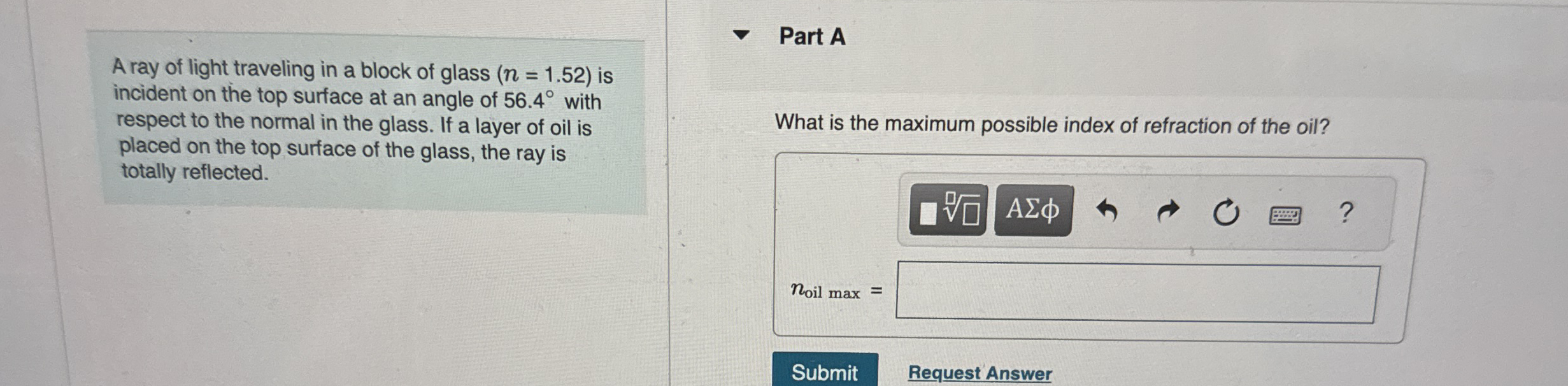 A ray of light traveling in a block of glass ( n
