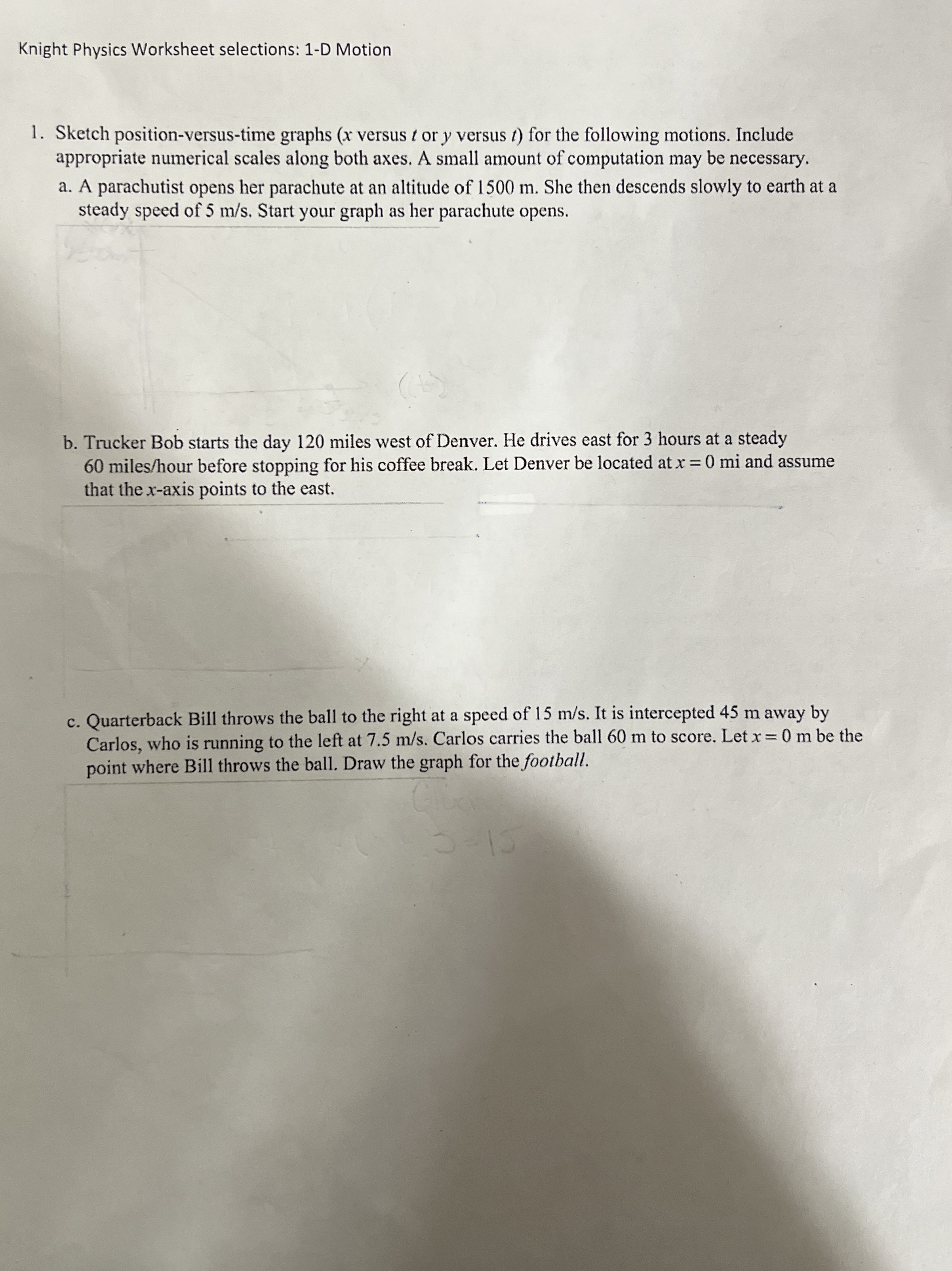 Knight Physics Worksheet selections: 1 - D Motion