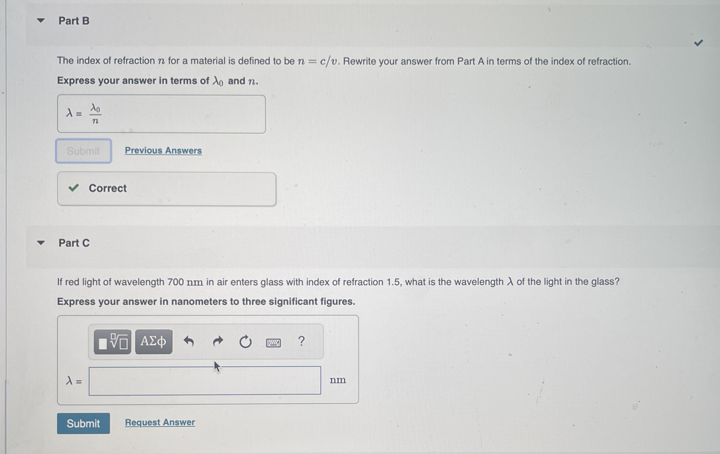 Part B The index of refraction n for a material