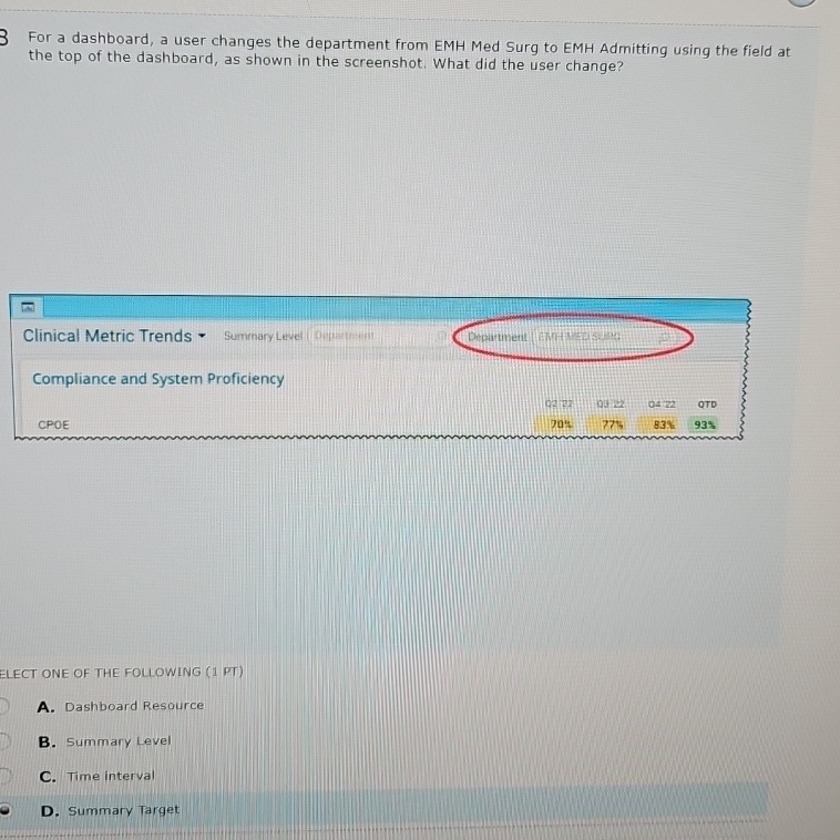 3 For a dashboard, a user changes the department