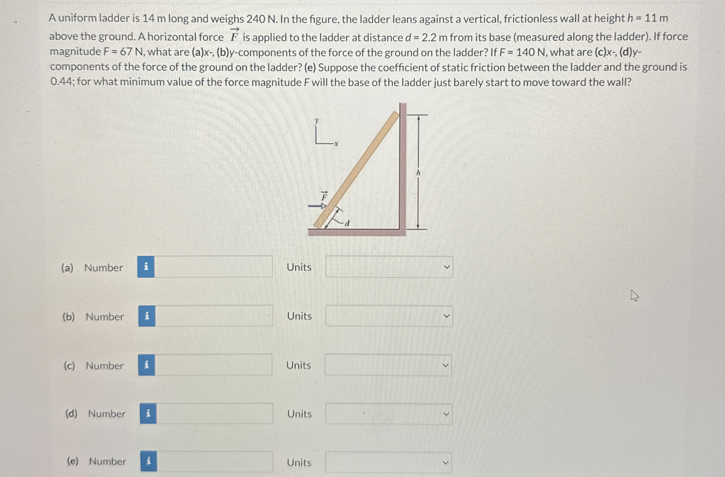 A uniform ladder is 1 4 m long and weighs 2 4 0 N