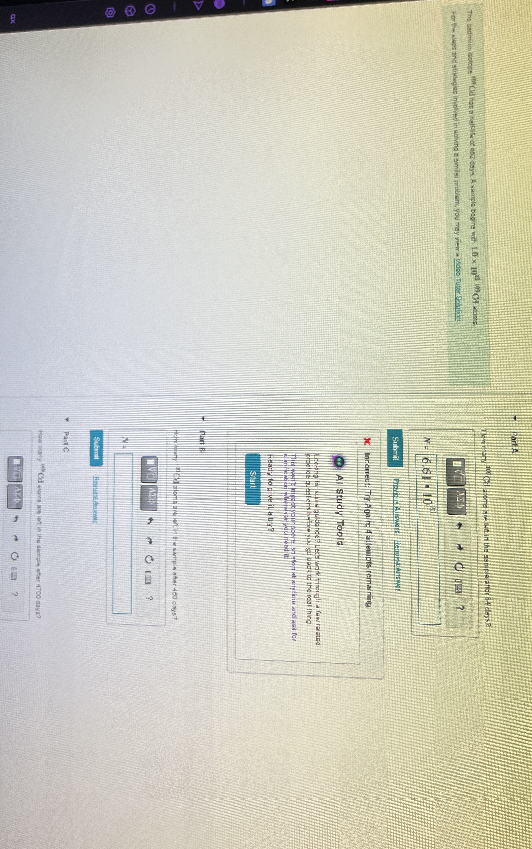 Part A How many ? 1 0 9 Cd atoms are left in the