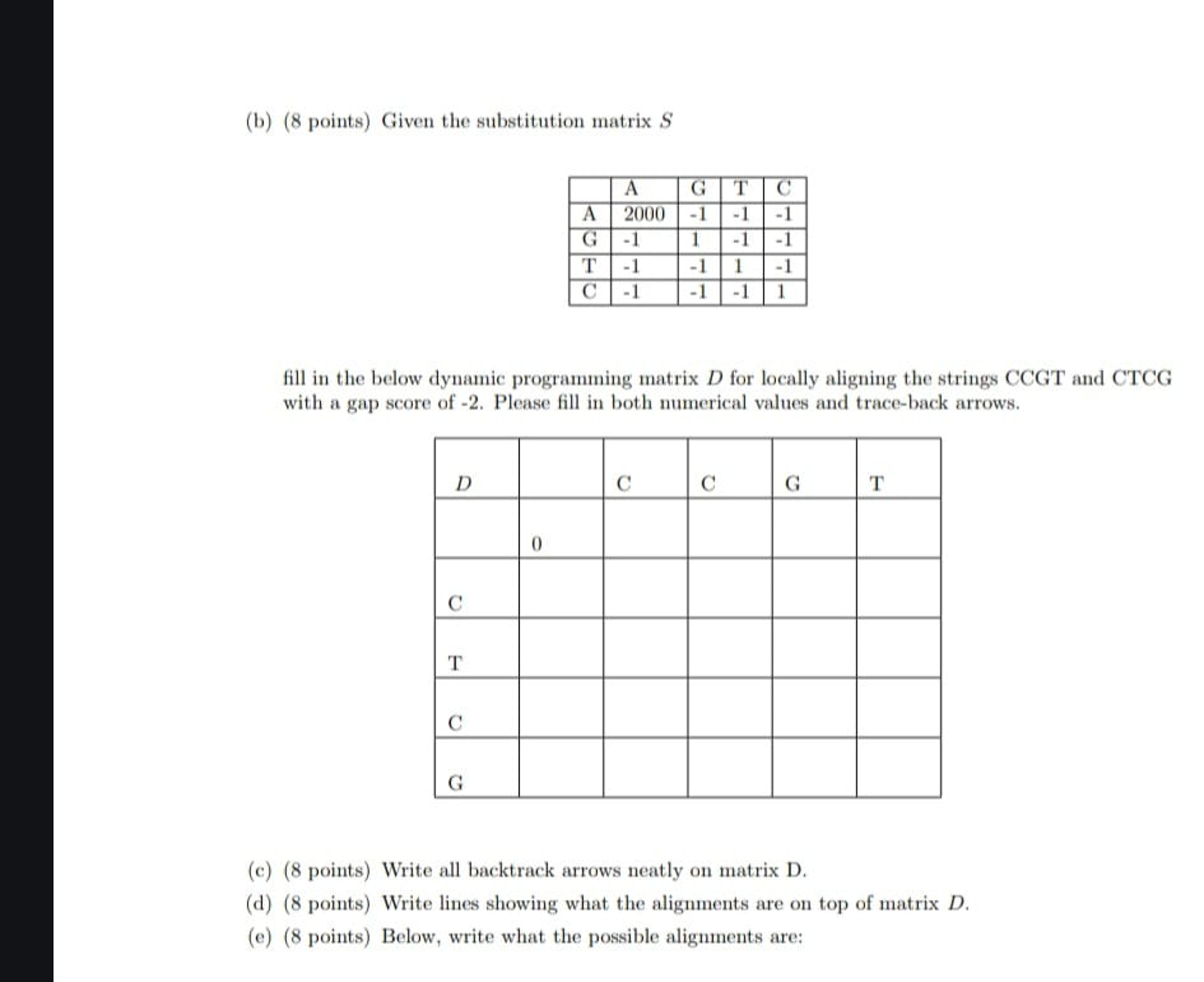 ( b ) ( 8 points ) Given the substitution matrix