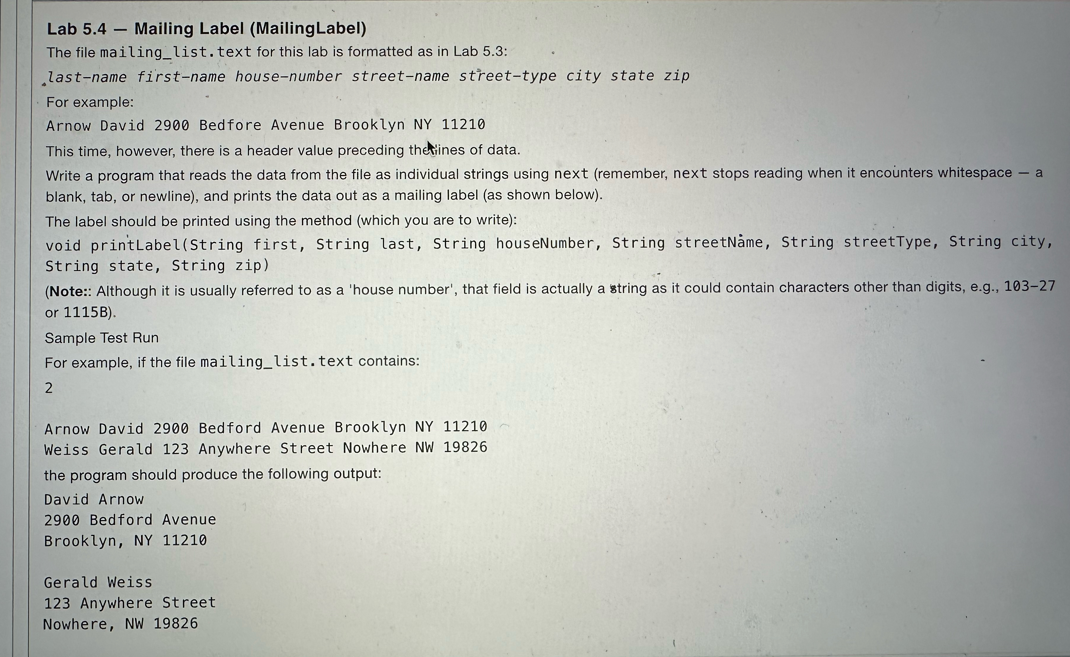 Lab 5 . 4 - Mailing Label ( MailingLabel ) The