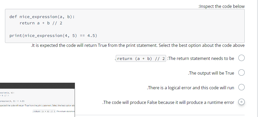 . It is expected the code will return True from