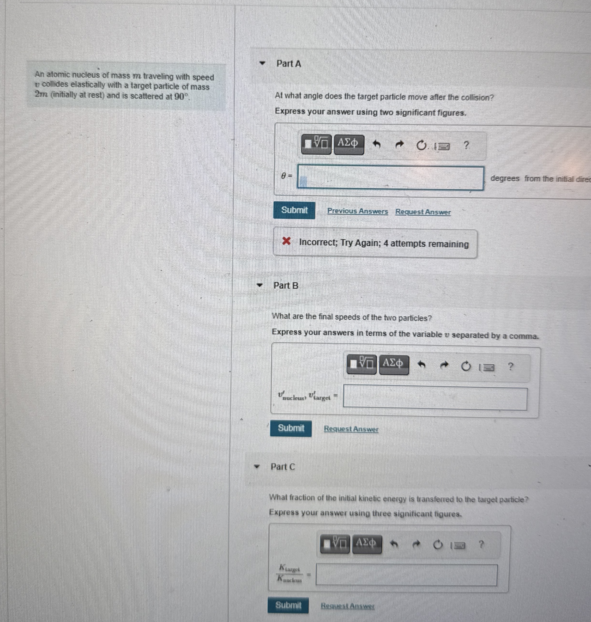 An atomic nucleus of mass m traveling with speed