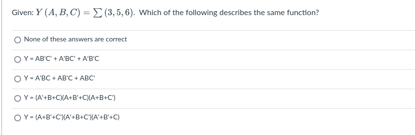 Given: Y ( A , B , C ) = ? ? ( 3 , 5 , 6 ) .