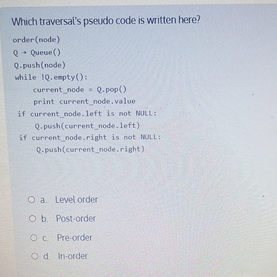 Which traversal's pseudo code is written here?a .