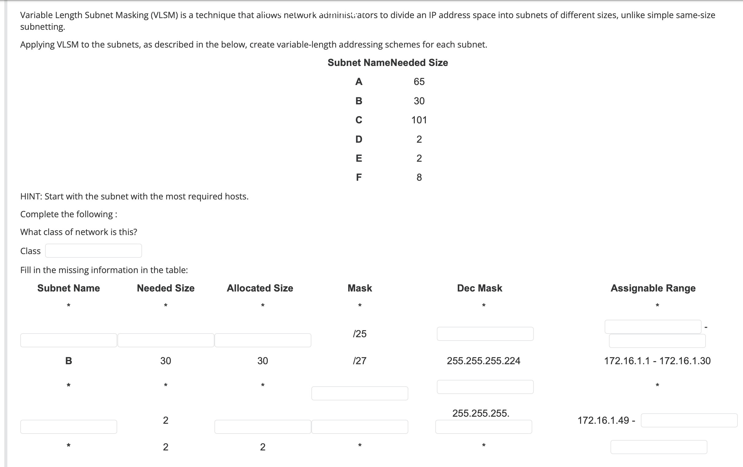 Variable Length Subnet Masking ( VLSM ) is a
