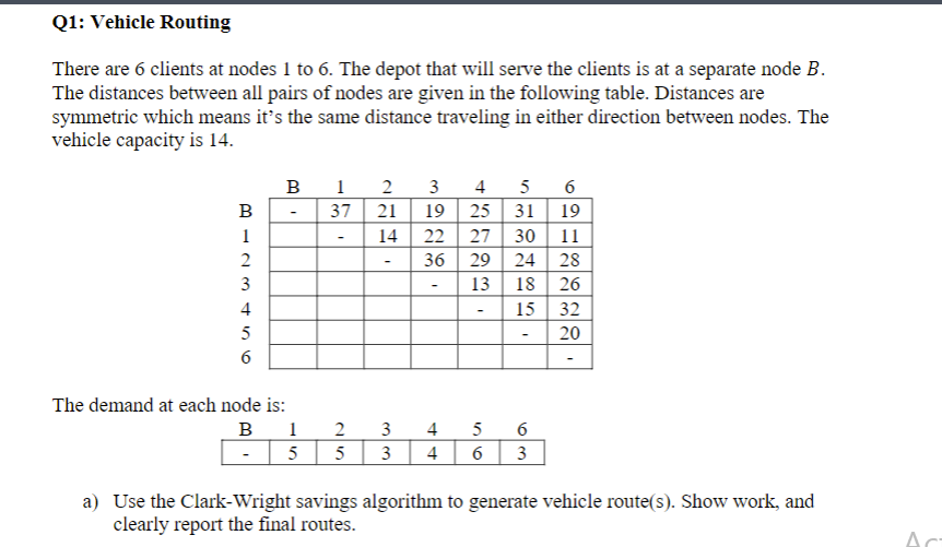 Q 1 : Vehicle Routing There are 6 clients at
