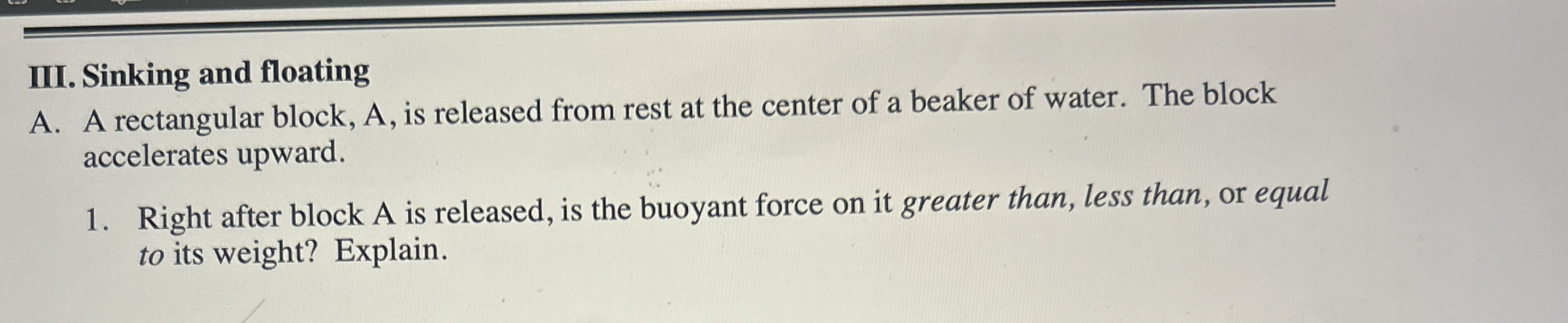 III. Sinking and floating A . A rectangular