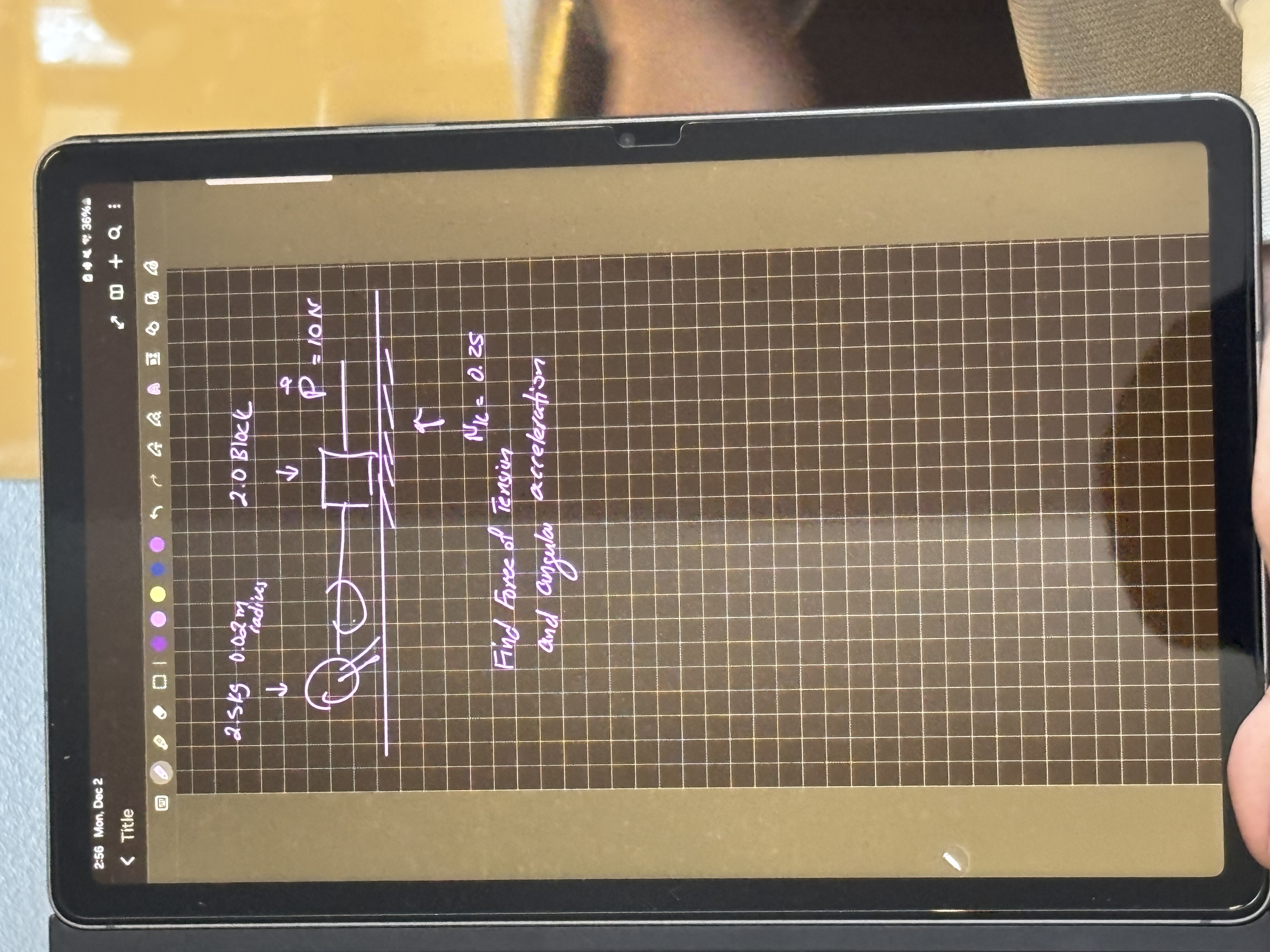 Find the force of tension and angular acceleration