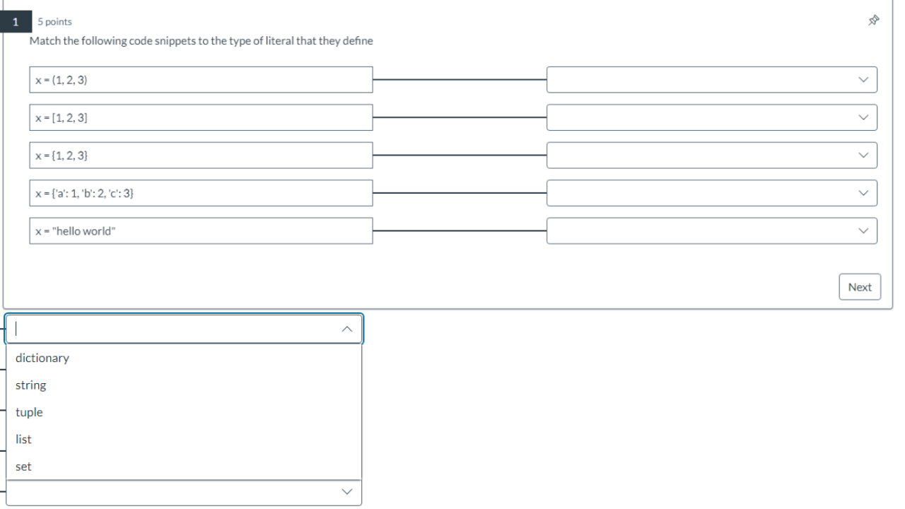 Match the following code snippets to the type of