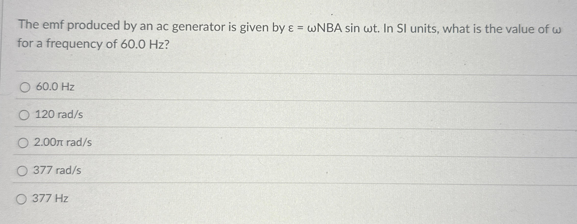 The emf produced by an ac generator is given by =