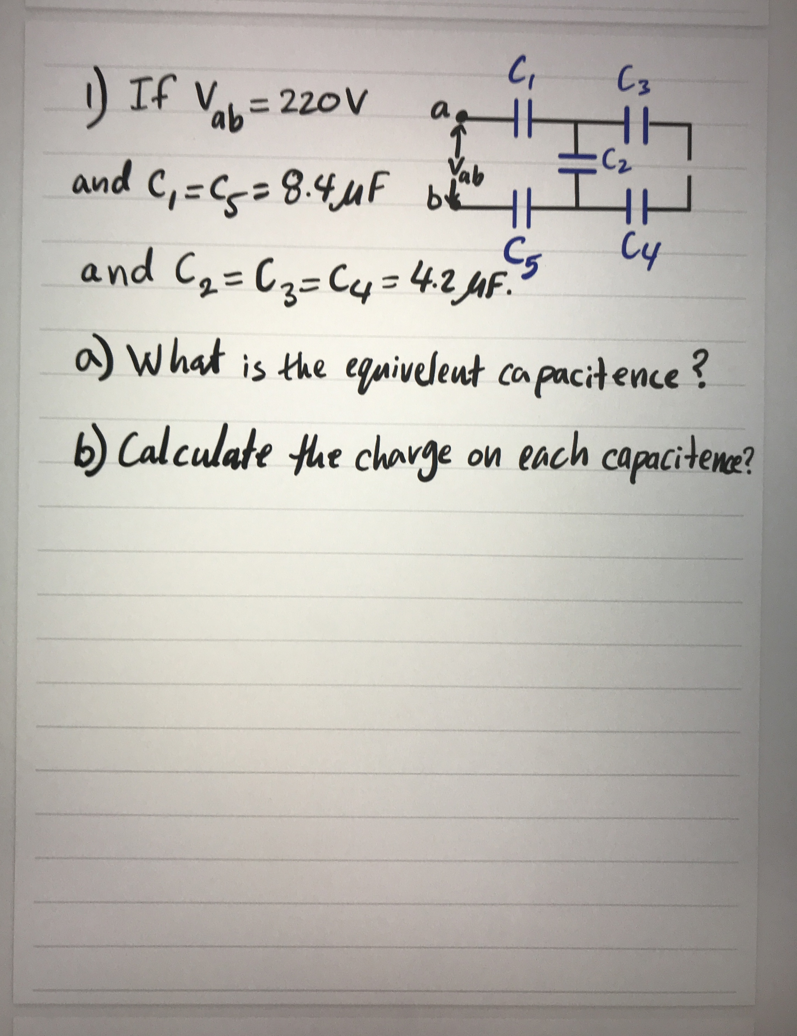 If V a b = 2 2 0 V and c 1 = c 5 = 8 . 4 F and C
