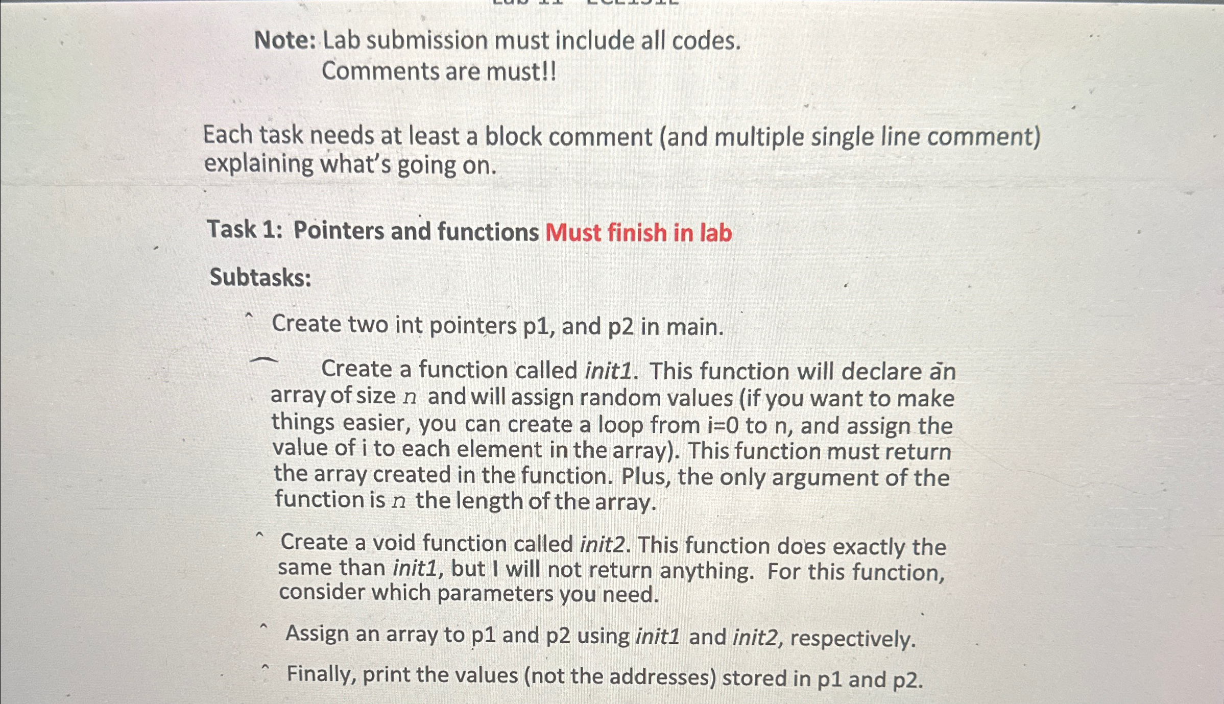 Note: Lab submission must include all codes.