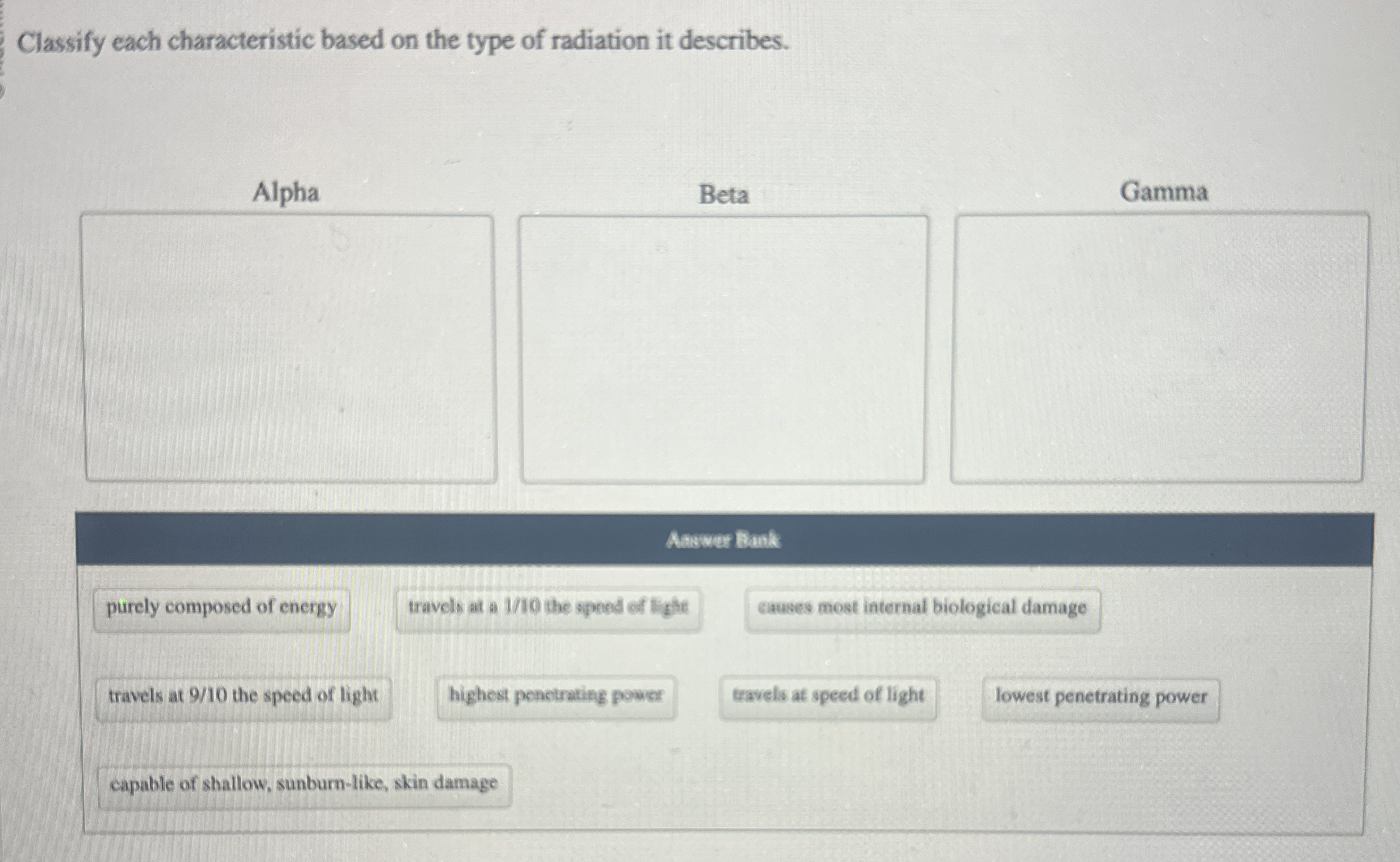 Classify each characteristic based on the type of